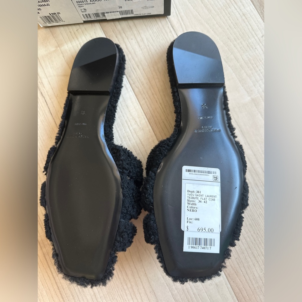 BNIB YSL black shearling slides. Size 8 / 38. - Picture 2 of 6